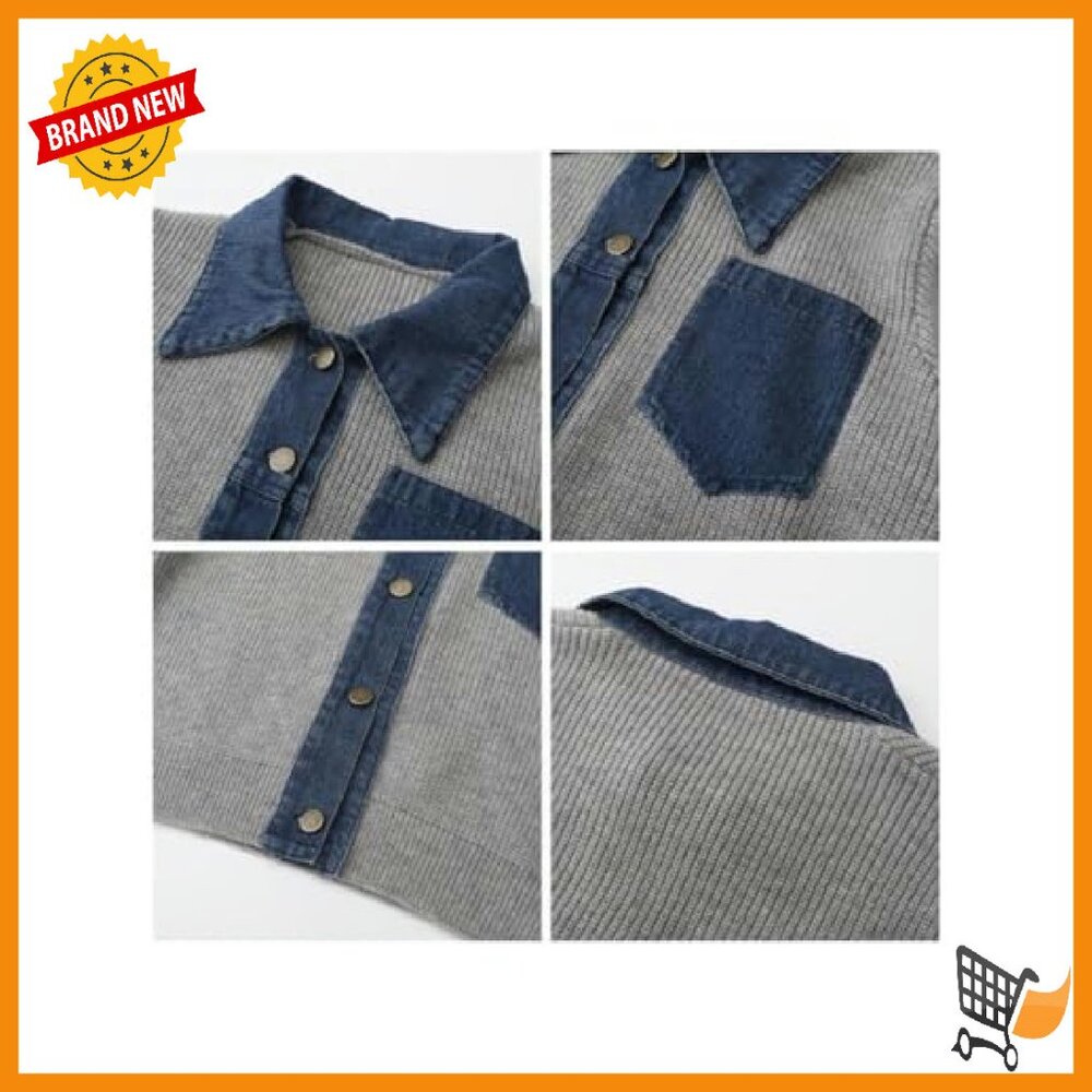 Long Sleeve Knitted Denim Patchwork Cardigan Swea… - image 4